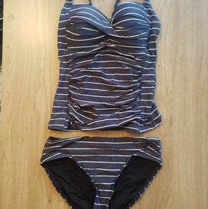 Navy and white striped tankini